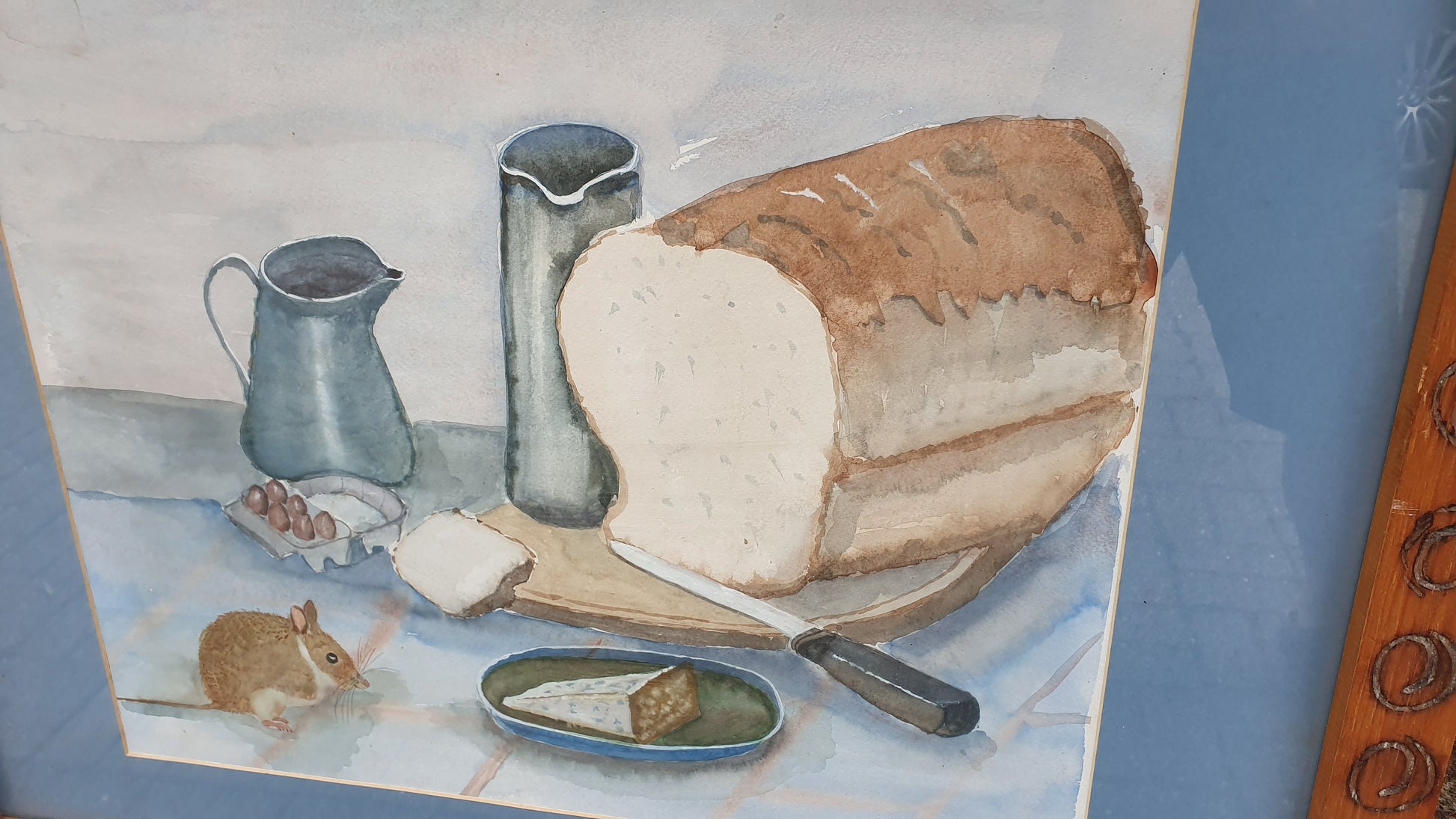 Very Large Bold and Imposing 70’s or 80’s Quirky Still Life Watercolour Cheese Wine and Mouse. 82 x 64 cm.
