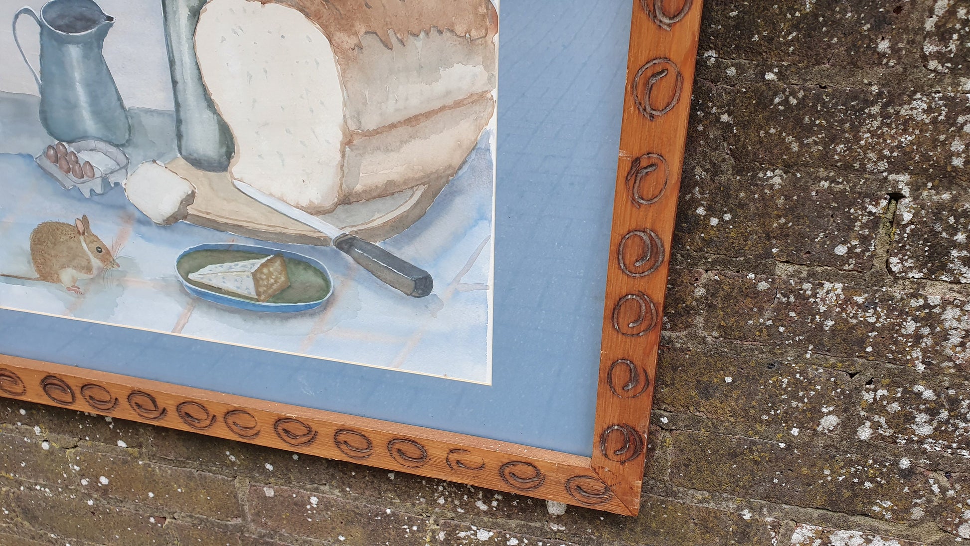 Very Large Bold and Imposing 70’s or 80’s Quirky Still Life Watercolour Cheese Wine and Mouse. 82 x 64 cm.
