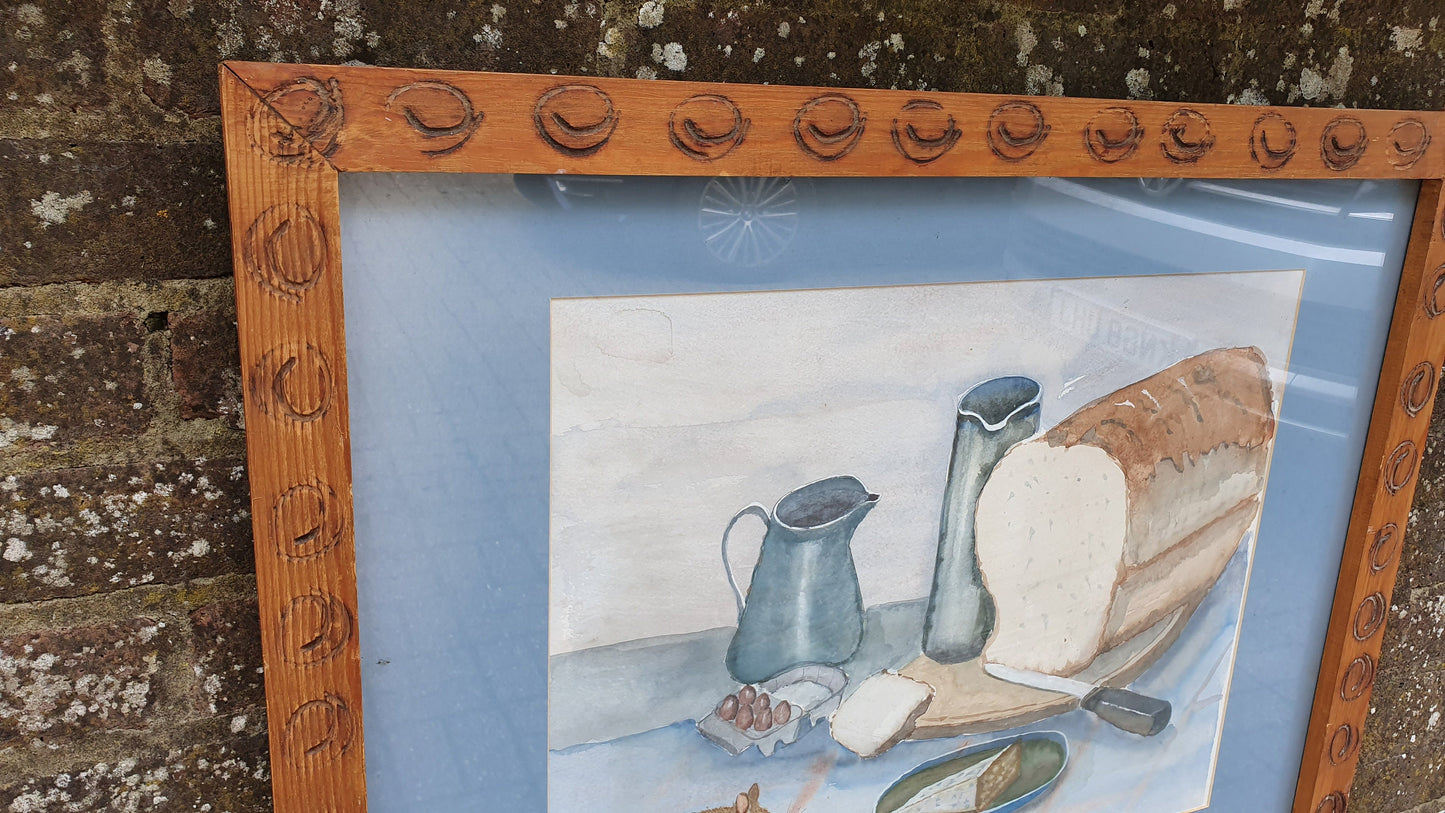 Very Large Bold and Imposing 70’s or 80’s Quirky Still Life Watercolour Cheese Wine and Mouse. 82 x 64 cm.
