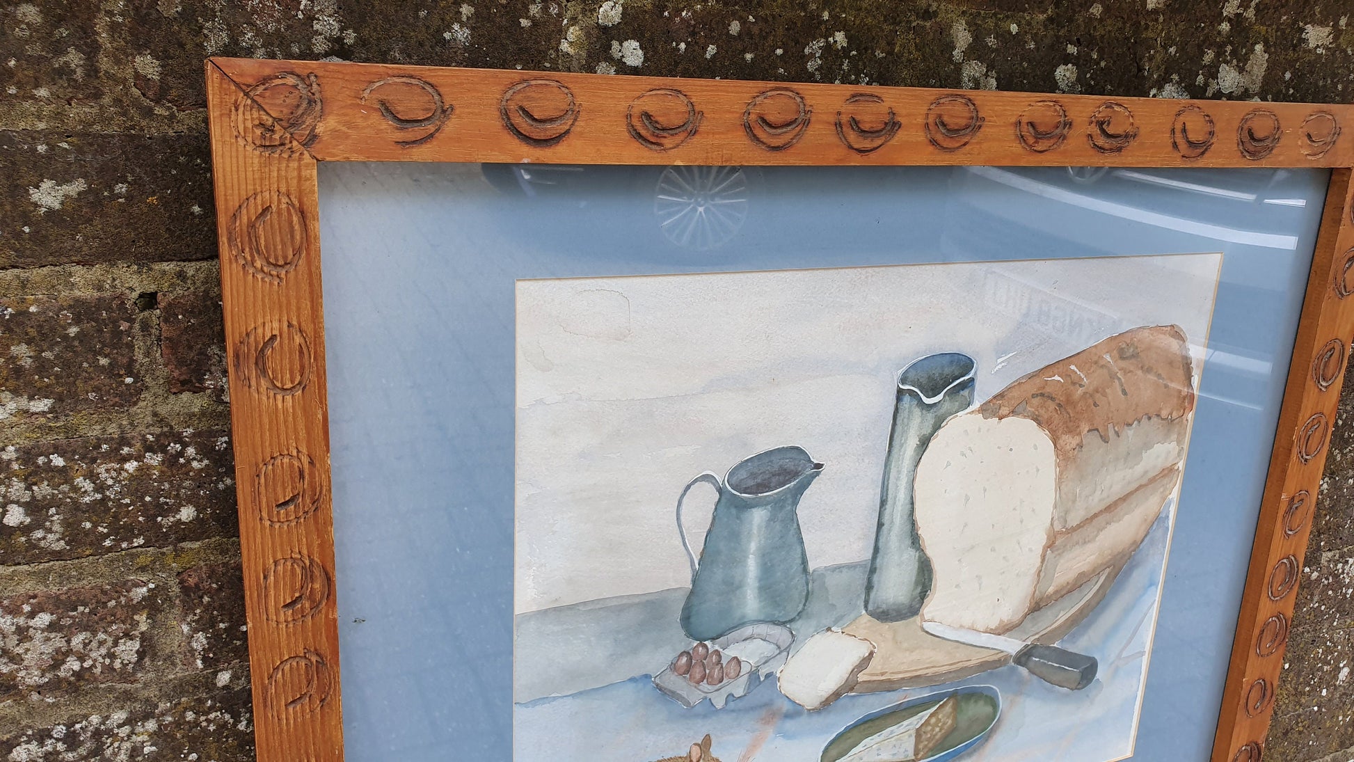 Very Large Bold and Imposing 70’s or 80’s Quirky Still Life Watercolour Cheese Wine and Mouse. 82 x 64 cm.