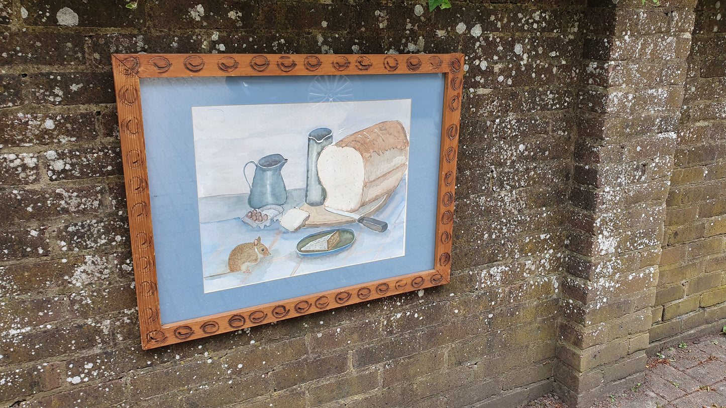 Very Large Bold and Imposing 70’s or 80’s Quirky Still Life Watercolour Cheese Wine and Mouse. 82 x 64 cm.