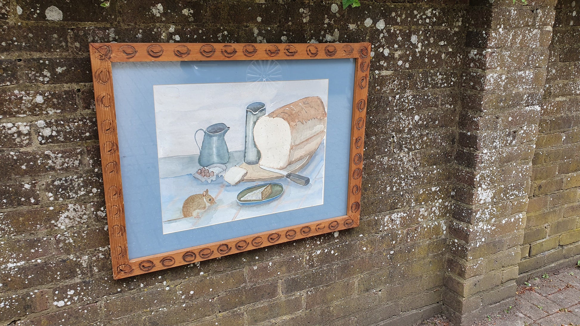 Very Large Bold and Imposing 70’s or 80’s Quirky Still Life Watercolour Cheese Wine and Mouse. 82 x 64 cm.