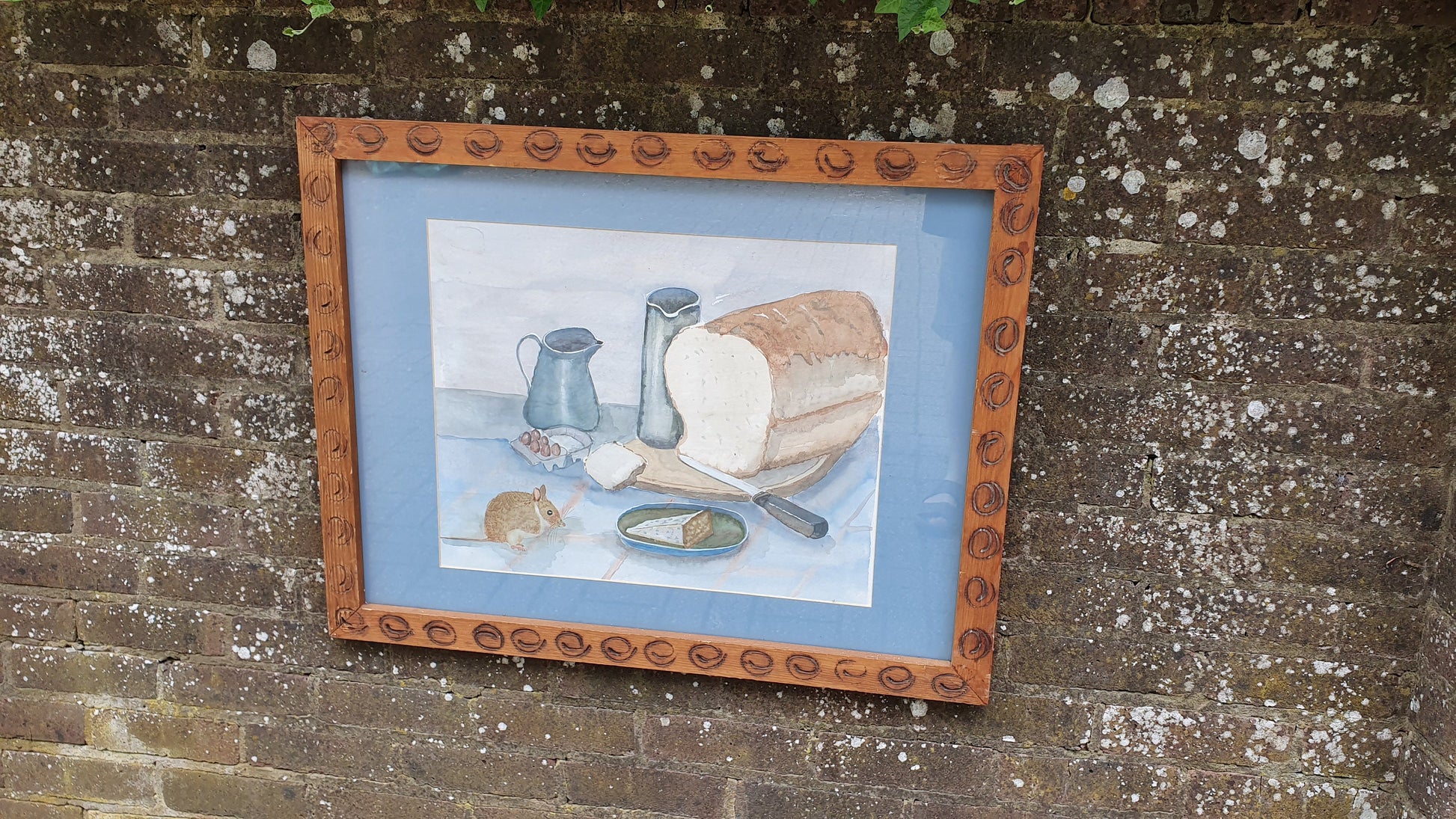 Very Large Bold and Imposing 70’s or 80’s Quirky Still Life Watercolour Cheese Wine and Mouse. 82 x 64 cm.