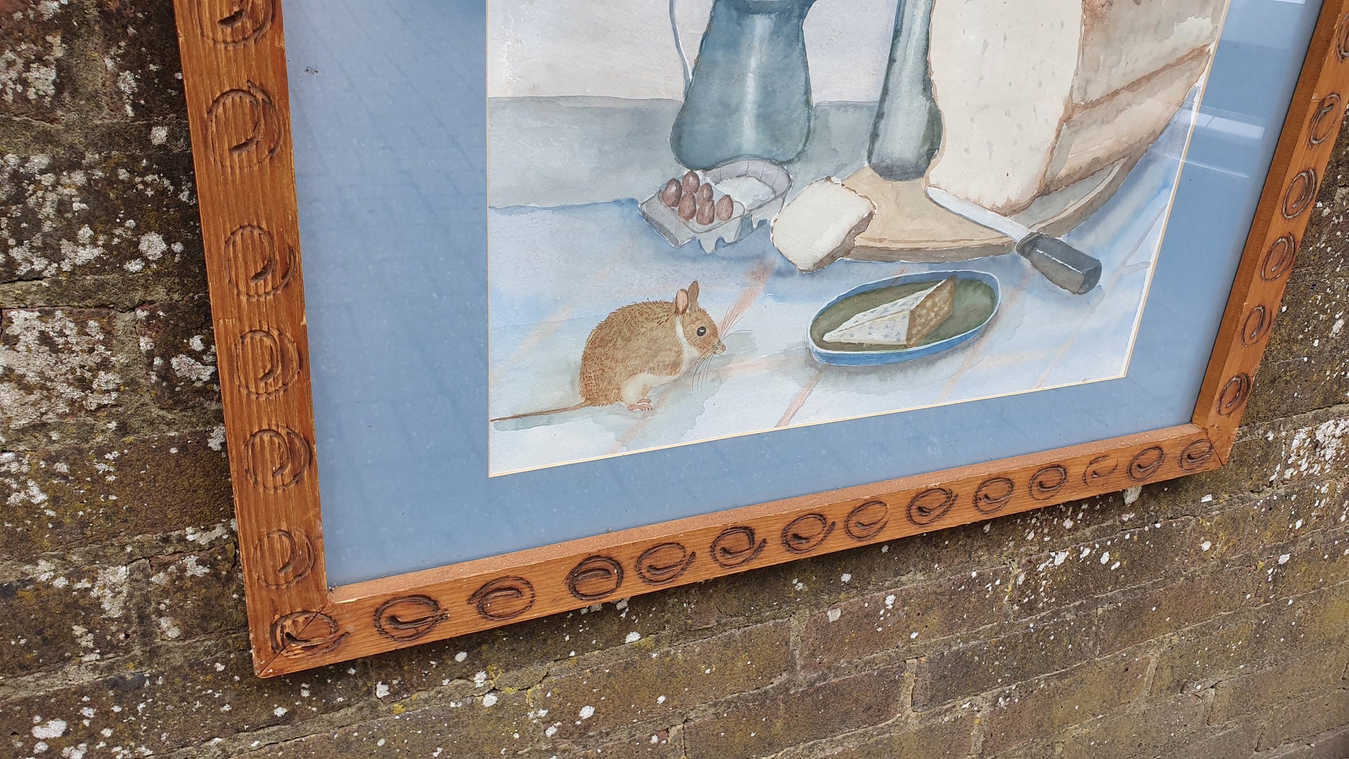Very Large Bold and Imposing 70’s or 80’s Quirky Still Life Watercolour Cheese Wine and Mouse. 82 x 64 cm.