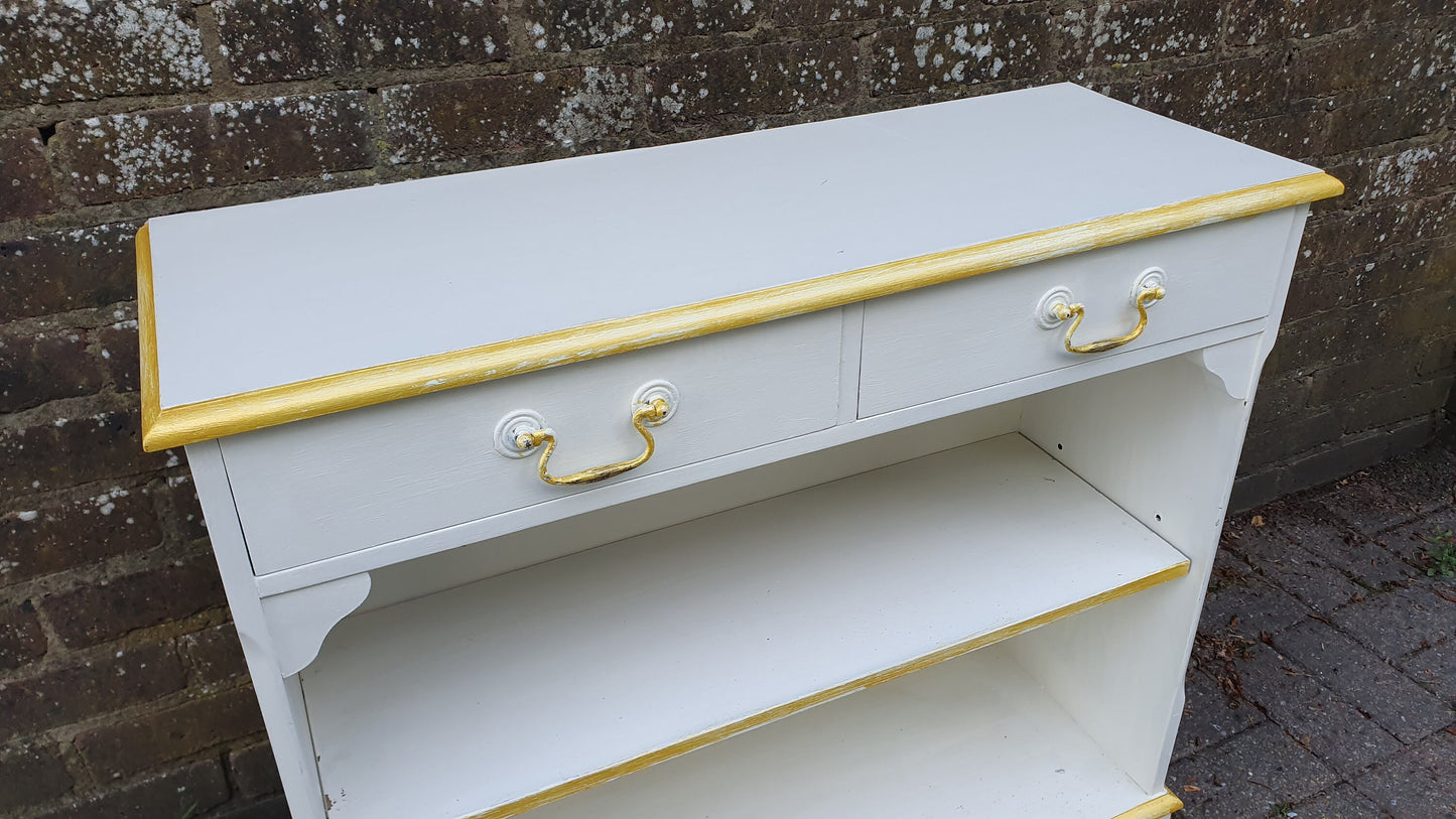 Wonderful 1970’s Shelves Bookcase Hallway Living Room Unit in Farrow and Ball Cream with Gold Highlights