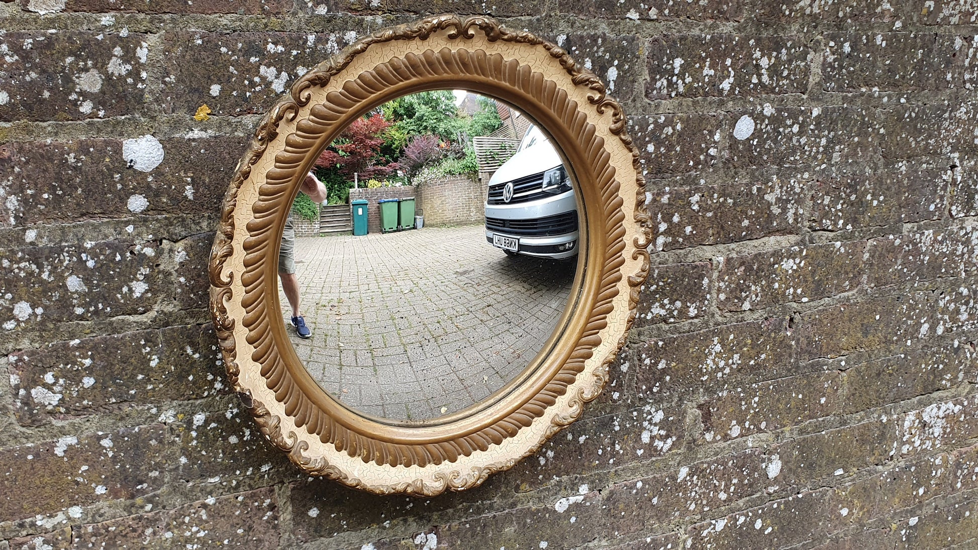 Cream and Gold Painted Vintage Ornate Chunky Painted Plaster Mirror. Convex Glass Shabby Chic.
