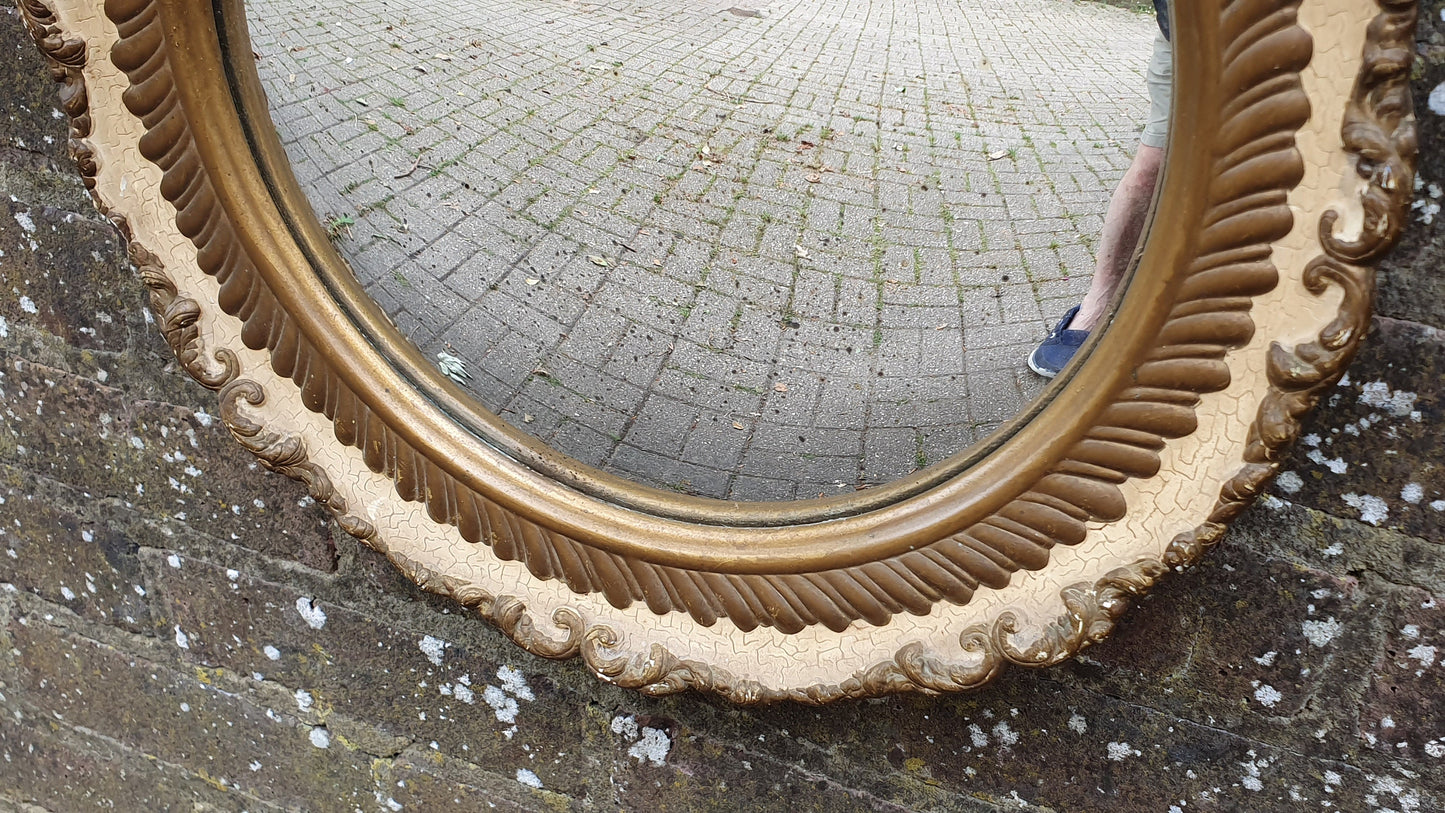 Cream and Gold Painted Vintage Ornate Chunky Painted Plaster Mirror. Convex Glass Shabby Chic.