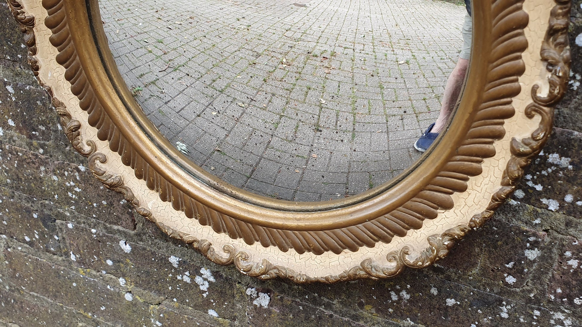 Cream and Gold Painted Vintage Ornate Chunky Painted Plaster Mirror. Convex Glass Shabby Chic.