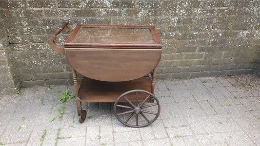 Solid Wood Classic Big Wheel Penny Farthing Drinks Trolley Vintage 1920’s Lift-off Tray Drop Leaf