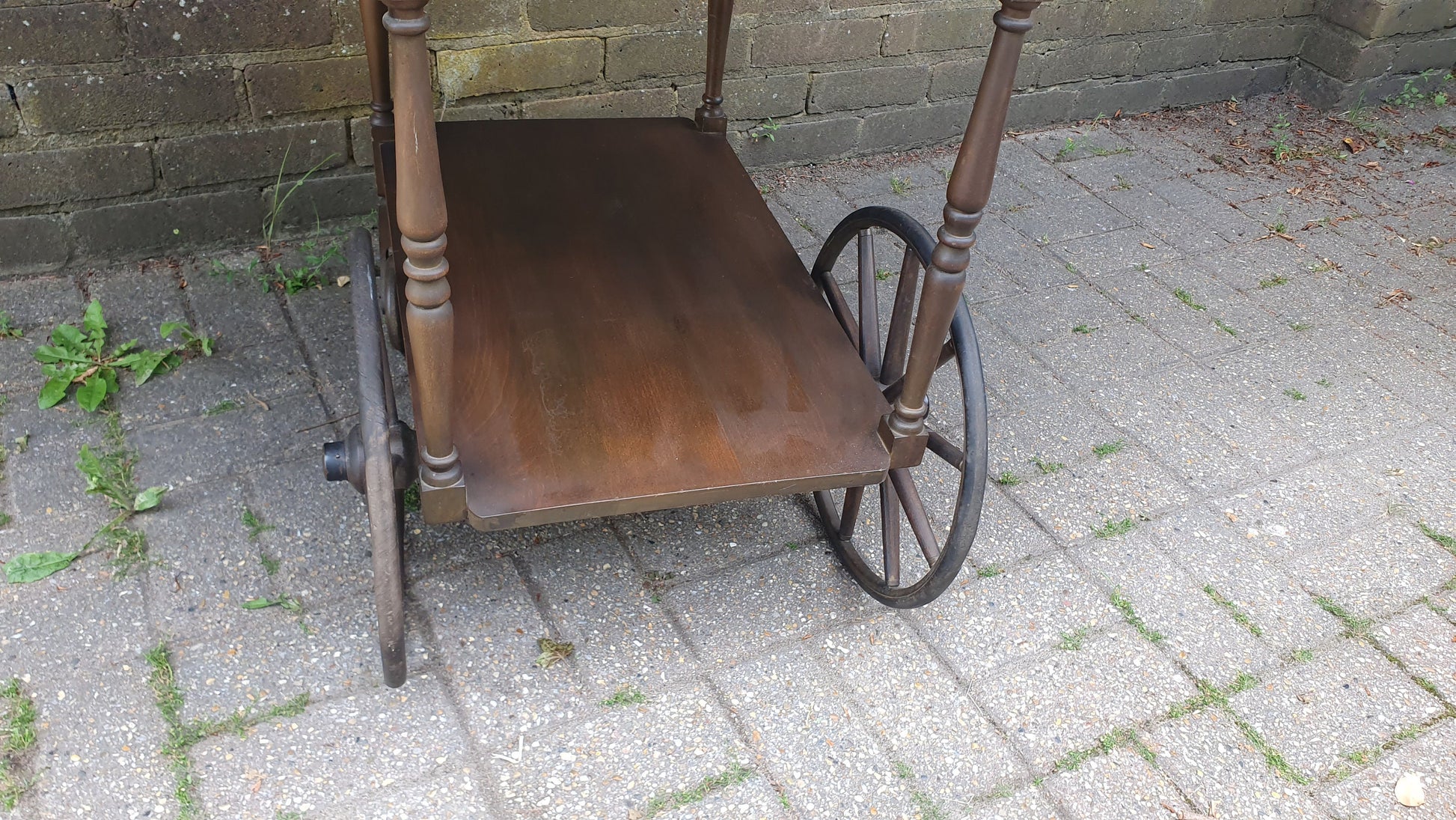 Solid Wood Classic Big Wheel Penny Farthing Drinks Trolley Vintage 1920’s Lift-off Tray Drop Leaf