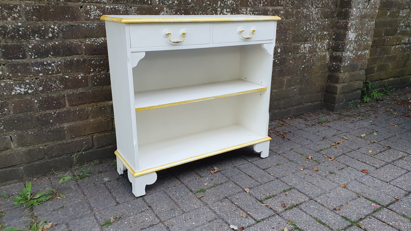 Wonderful 1970’s Shelves Bookcase Hallway Living Room Unit in Farrow and Ball Cream with Gold Highlights