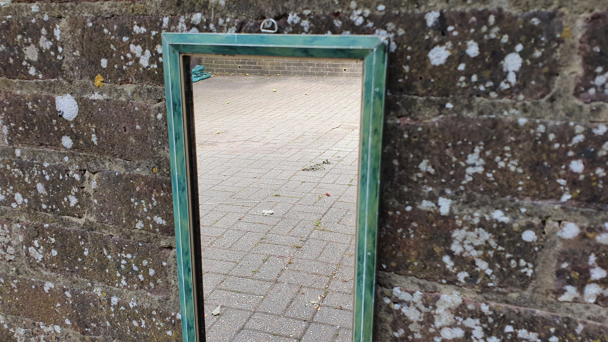 Vintage Art Deco Mottled Turquoise Sea Green Tall and Thin Wall Mirror Vintage Retro.