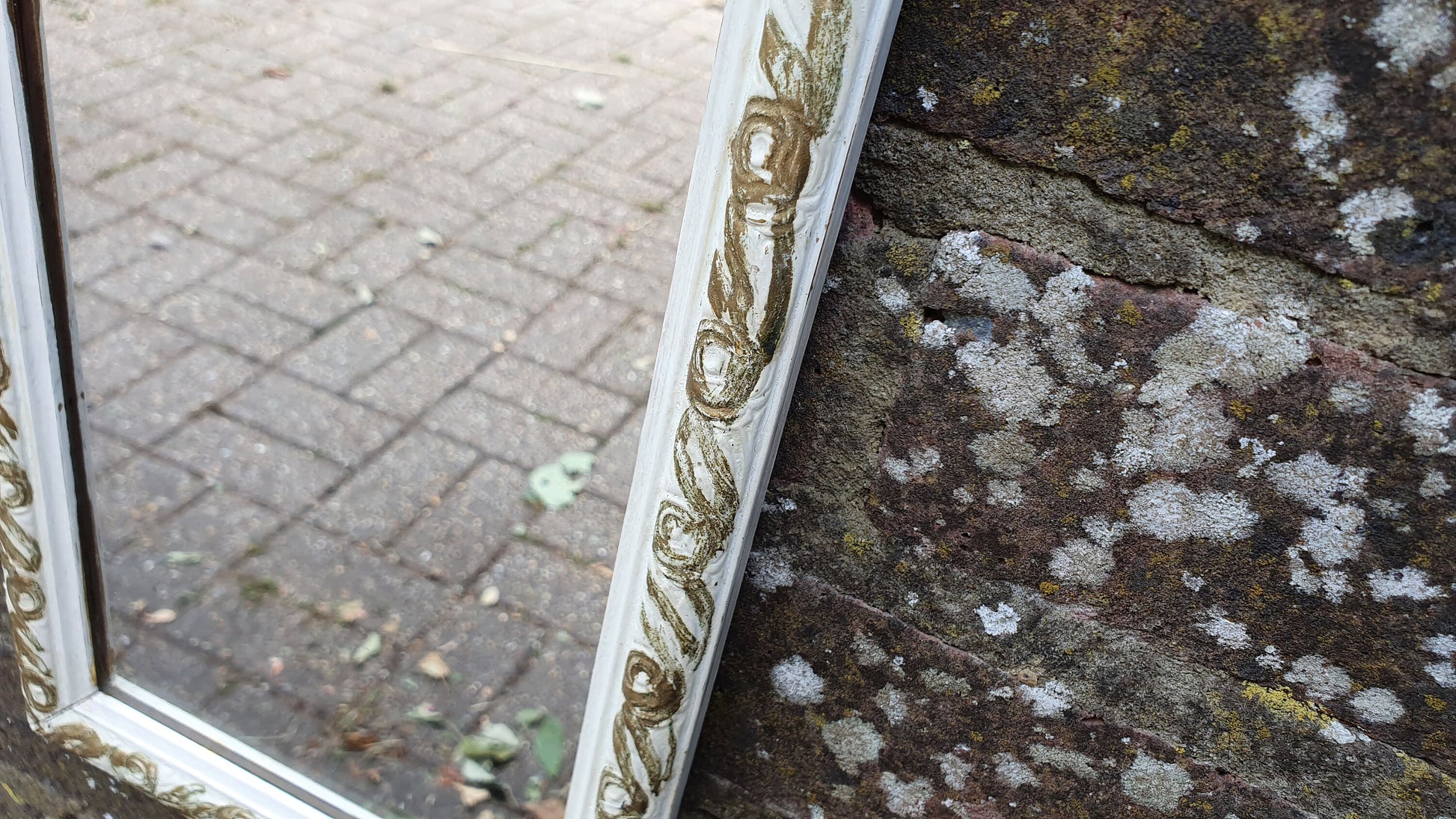Vintage Painted Shabby Chic Tall and Thin Wall Mirror White and Gold Decoration.
