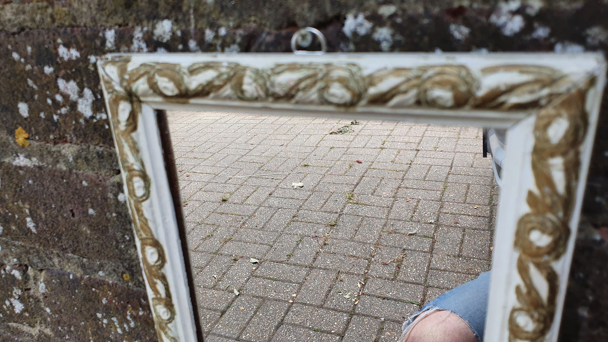 Vintage Painted Shabby Chic Tall and Thin Wall Mirror White and Gold Decoration.