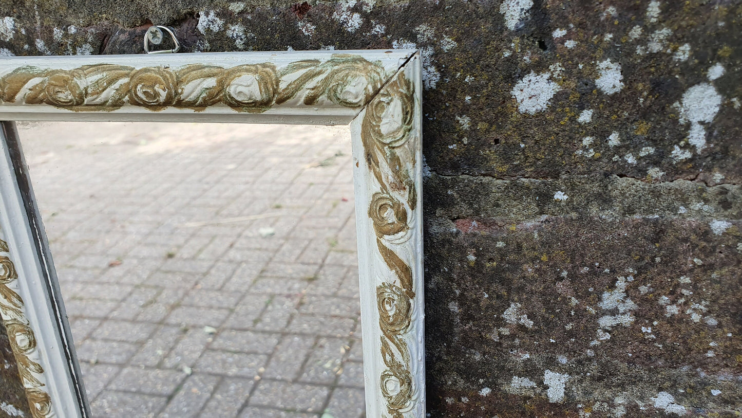 Vintage Painted Shabby Chic Tall and Thin Wall Mirror White and Gold Decoration.