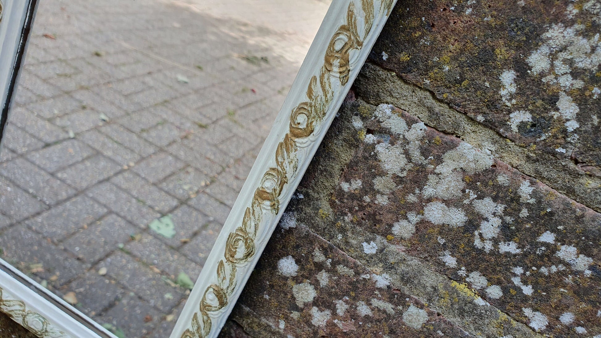 Vintage Painted Shabby Chic Tall and Thin Wall Mirror White and Gold Decoration.
