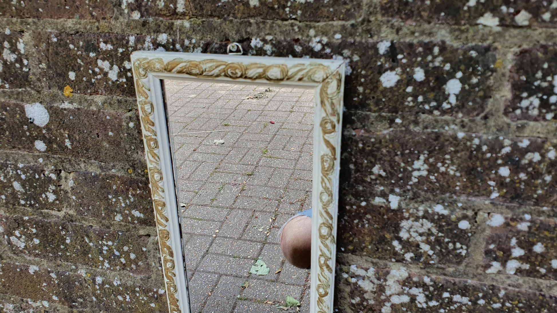 Vintage Painted Shabby Chic Tall and Thin Wall Mirror White and Gold Decoration.