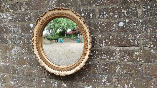 Cream and Gold Painted Vintage Ornate Chunky Painted Plaster Mirror. Convex Glass Shabby Chic.