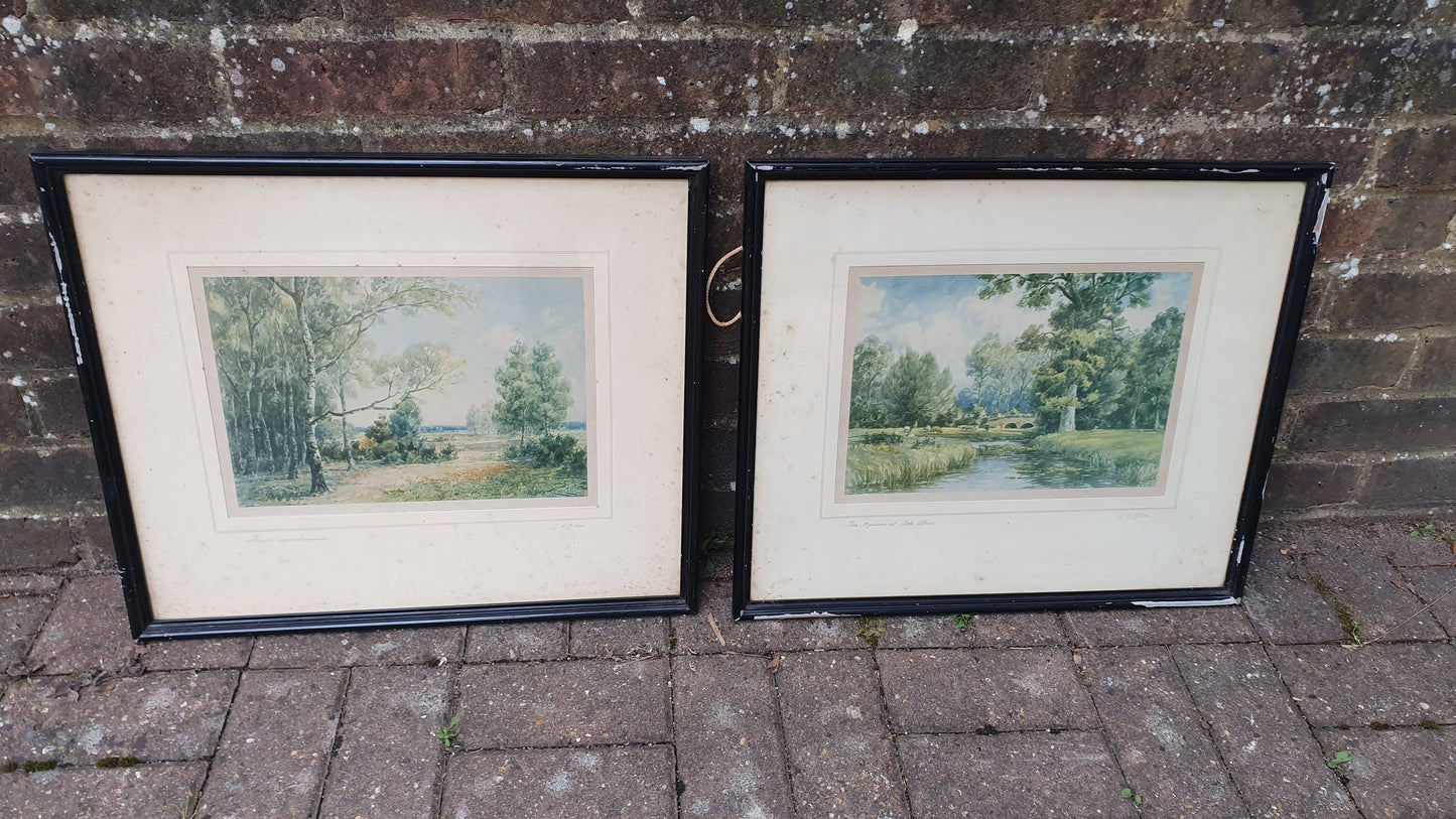 Pair of Signed Vintage Idyllic English Landscape Prints The Meadows at Lake Ufford Heath near Ipswich CH Collen 53 x 46 cm