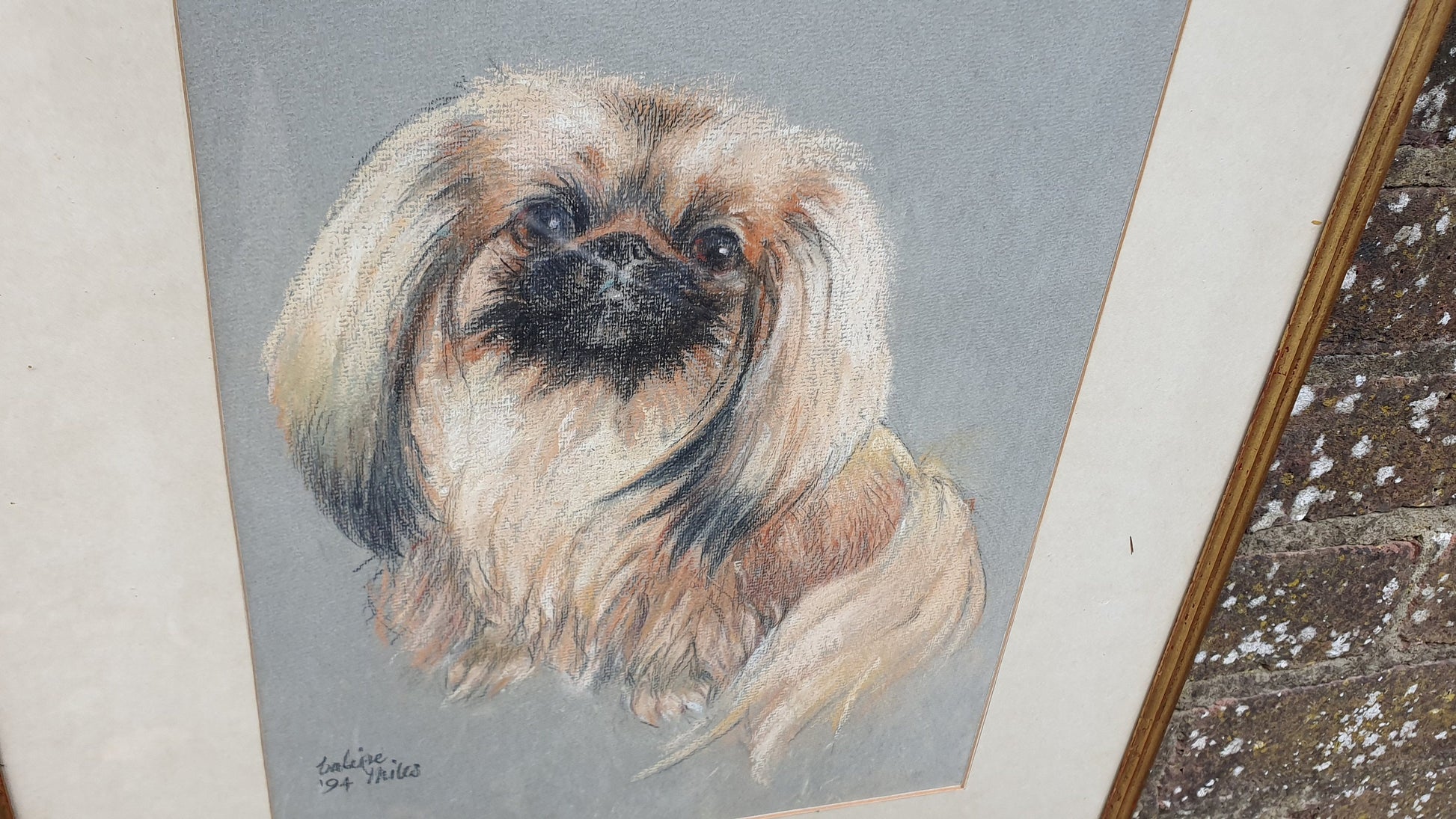 Large Original Pekinese Dog Pastel Picture of My Loyal Friend Glazed Glass Frame