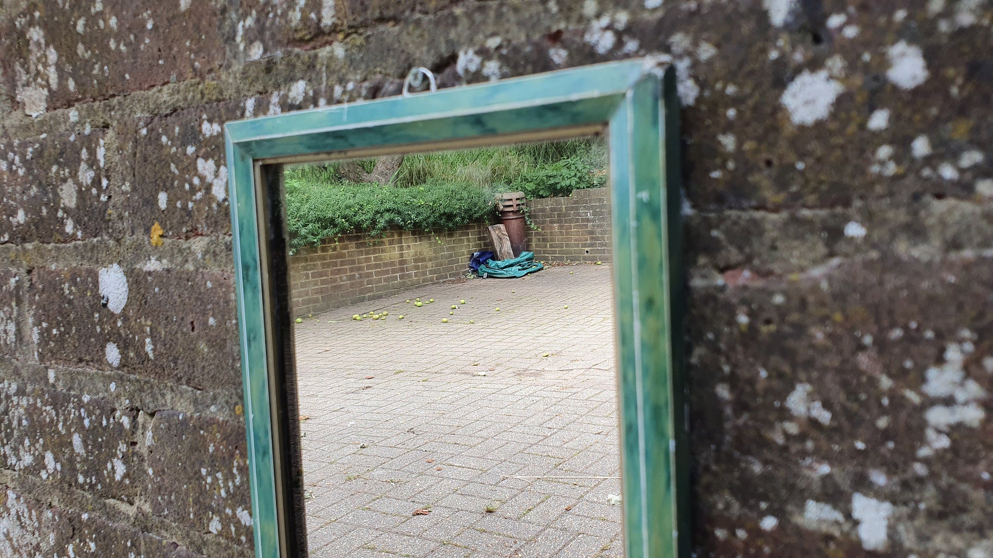 Vintage Art Deco Mottled Turquoise Sea Green Tall and Thin Wall Mirror Vintage Retro.