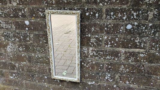 Vintage Painted Shabby Chic Tall and Thin Wall Mirror White and Gold Decoration.