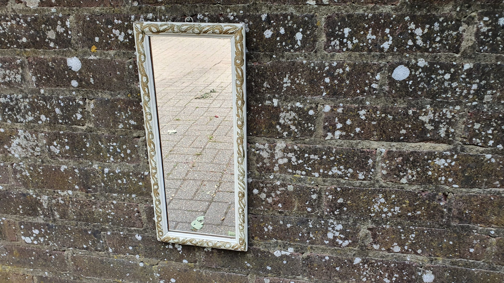 Vintage Painted Shabby Chic Tall and Thin Wall Mirror White and Gold Decoration.