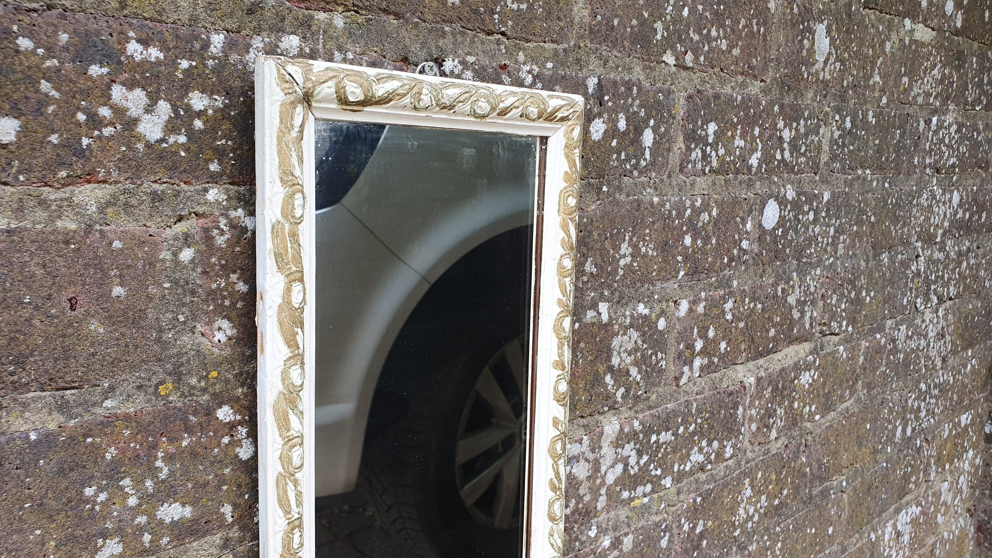 Vintage Painted Shabby Chic Tall and Thin Wall Mirror White and Gold Decoration.