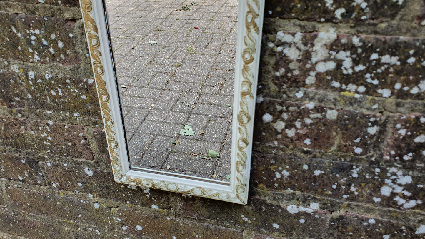 Vintage Painted Shabby Chic Tall and Thin Wall Mirror White and Gold Decoration.