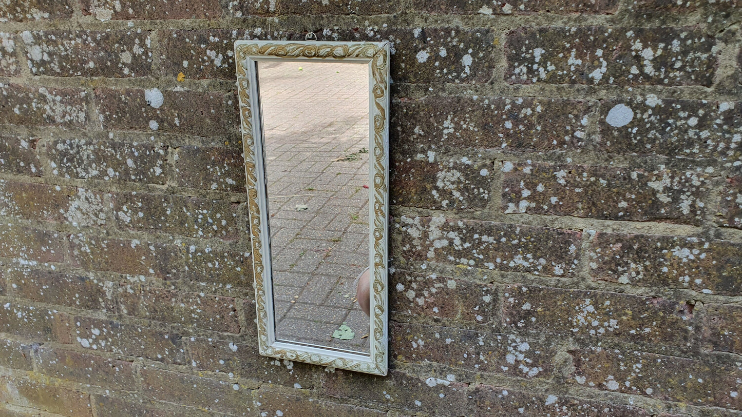 Vintage Painted Shabby Chic Tall and Thin Wall Mirror White and Gold Decoration.