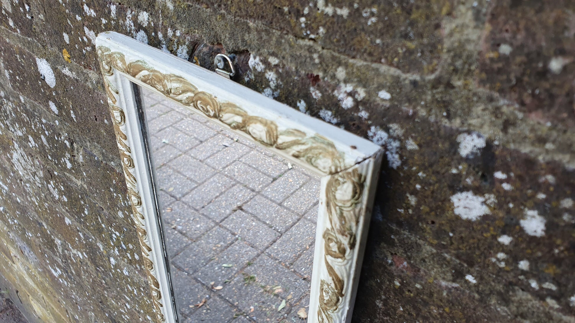 Vintage Painted Shabby Chic Tall and Thin Wall Mirror White and Gold Decoration.
