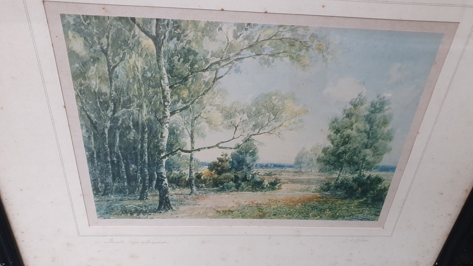 Pair of Signed Vintage Idyllic English Landscape Prints The Meadows at Lake Ufford Heath near Ipswich CH Collen 53 x 46 cm