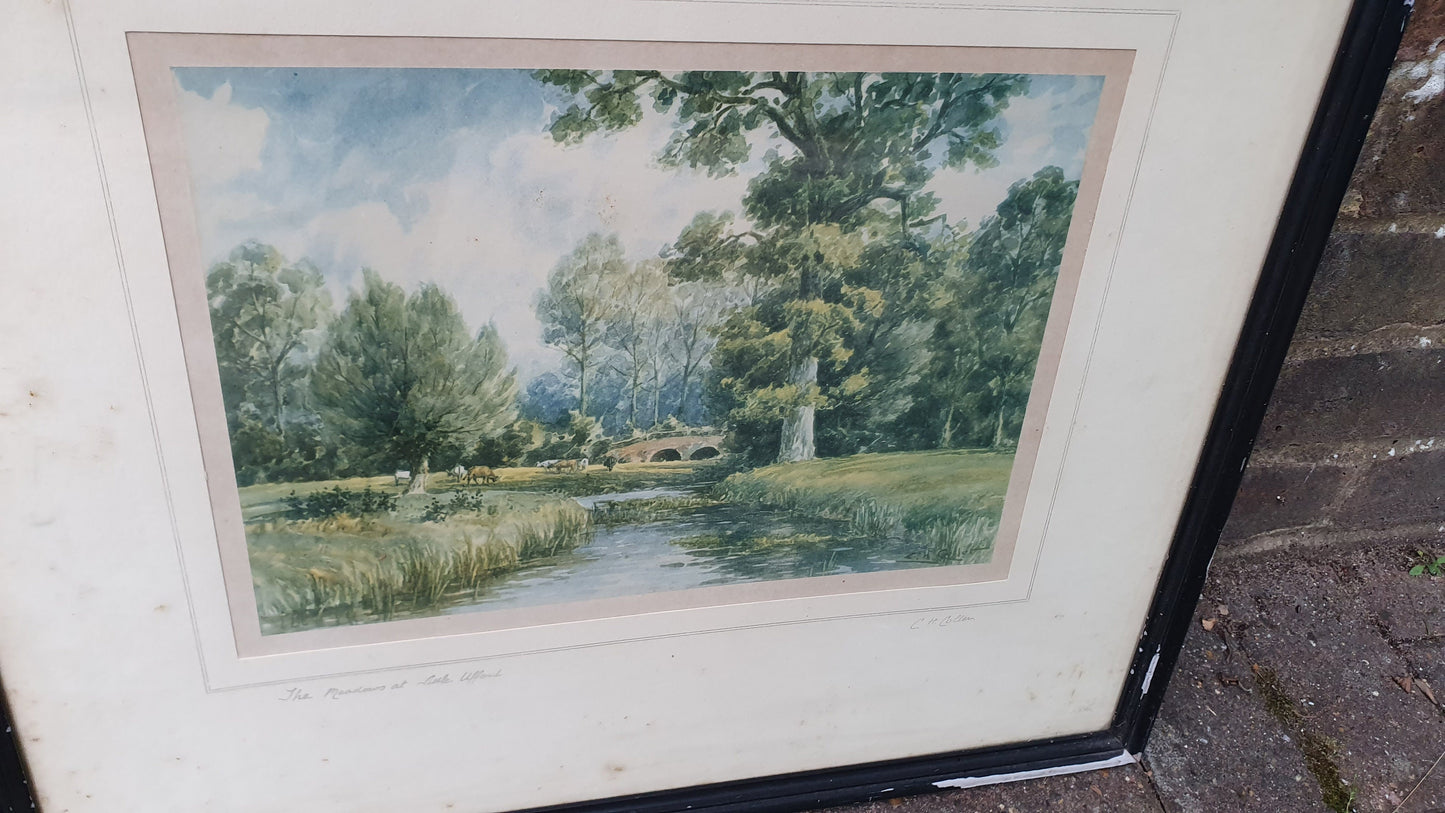 Pair of Signed Vintage Idyllic English Landscape Prints The Meadows at Lake Ufford Heath near Ipswich CH Collen 53 x 46 cm