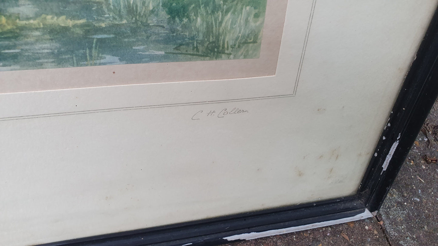 Pair of Signed Vintage Idyllic English Landscape Prints The Meadows at Lake Ufford Heath near Ipswich CH Collen 53 x 46 cm