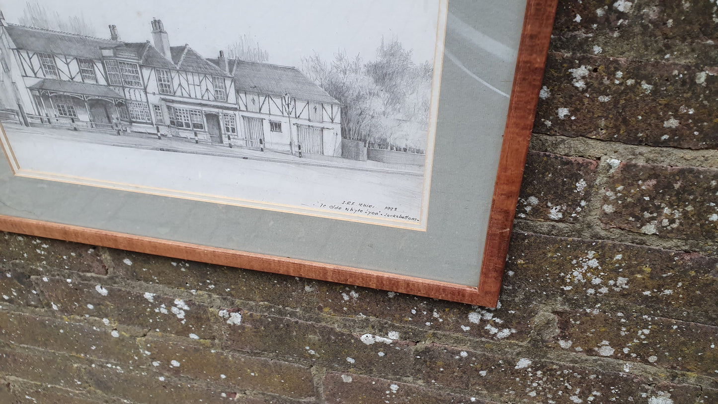 Large Amazing Original Pencil Drawing Sketch Ye Olde Whyte Lyon Locksbottom Orpington Farnborough JRF Ithier English Pub 1993 54 x 43 cm