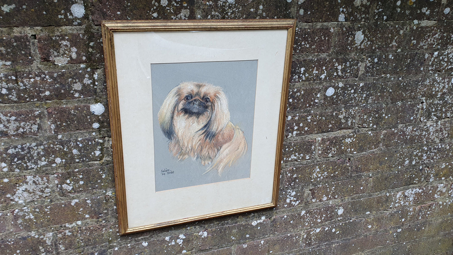 Large Original Pekinese Dog Pastel Picture of My Loyal Friend Glazed Glass Frame