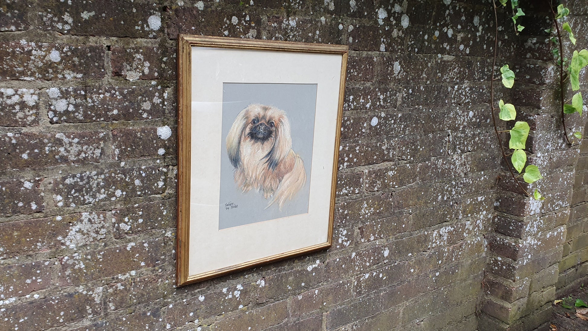 Large Original Pekinese Dog Pastel Picture of My Loyal Friend Glazed Glass Frame