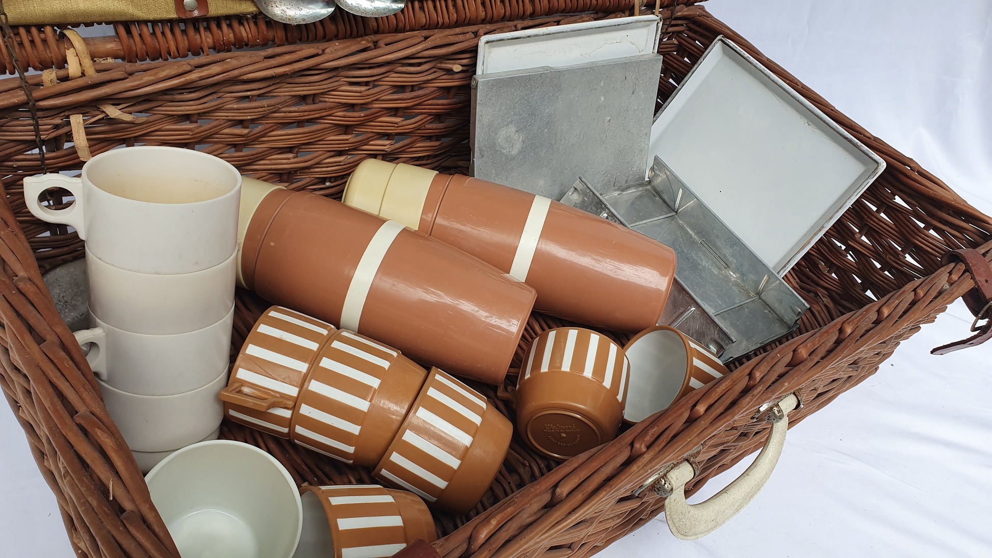 Vintage Large Picnic Basket and Contents Tupperware Mid 20th Century TV Theatre Display Prop