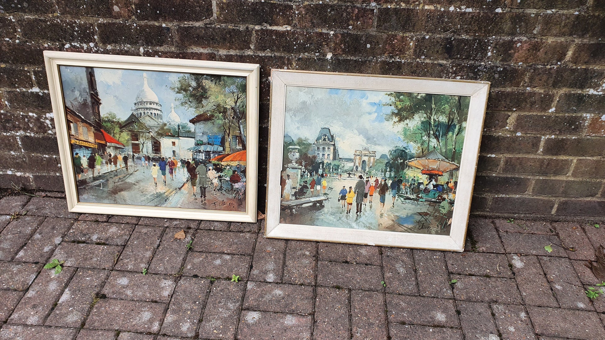 Pair of Large Vintage Retro French Prints Paris Townscape. Francois Claver 60 x 50 cm