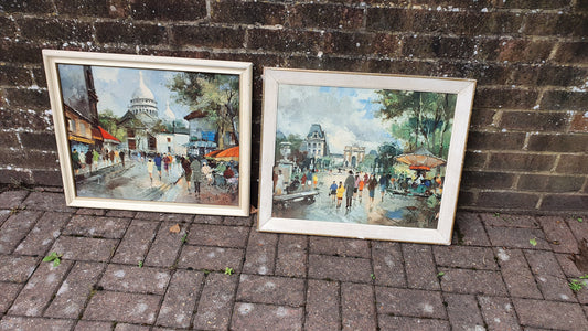 Pair of Large Vintage Retro French Prints Paris Townscape. Francois Claver 60 x 50 cm