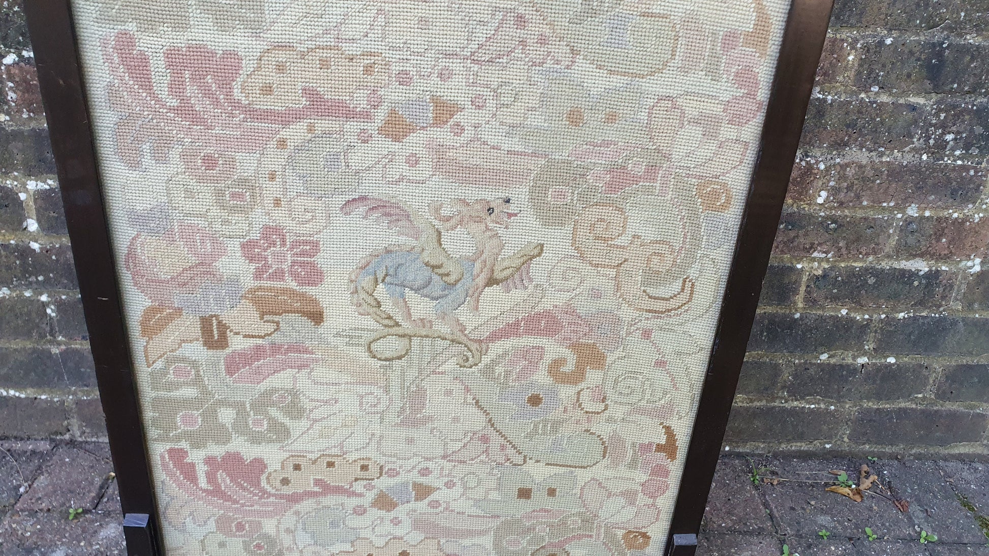 Large Impressive Tapestry Fire Screen Mahogany Fantasy Animal Motif