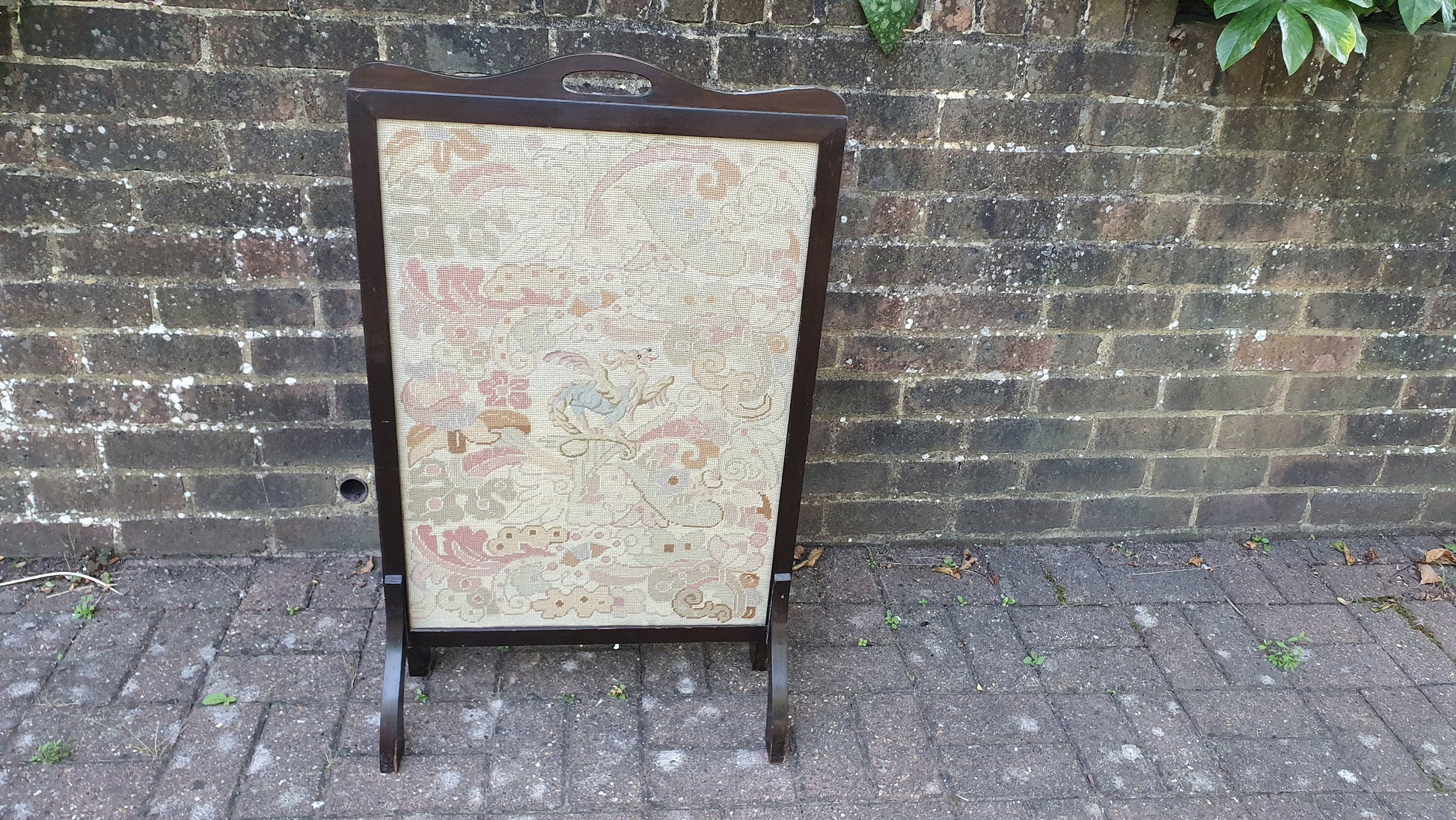 Large Impressive Tapestry Fire Screen Mahogany Fantasy Animal Motif