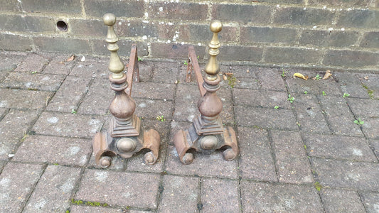 Pair of Vintage Iron and Brass Fire Dogs Fireplace Fire Basket