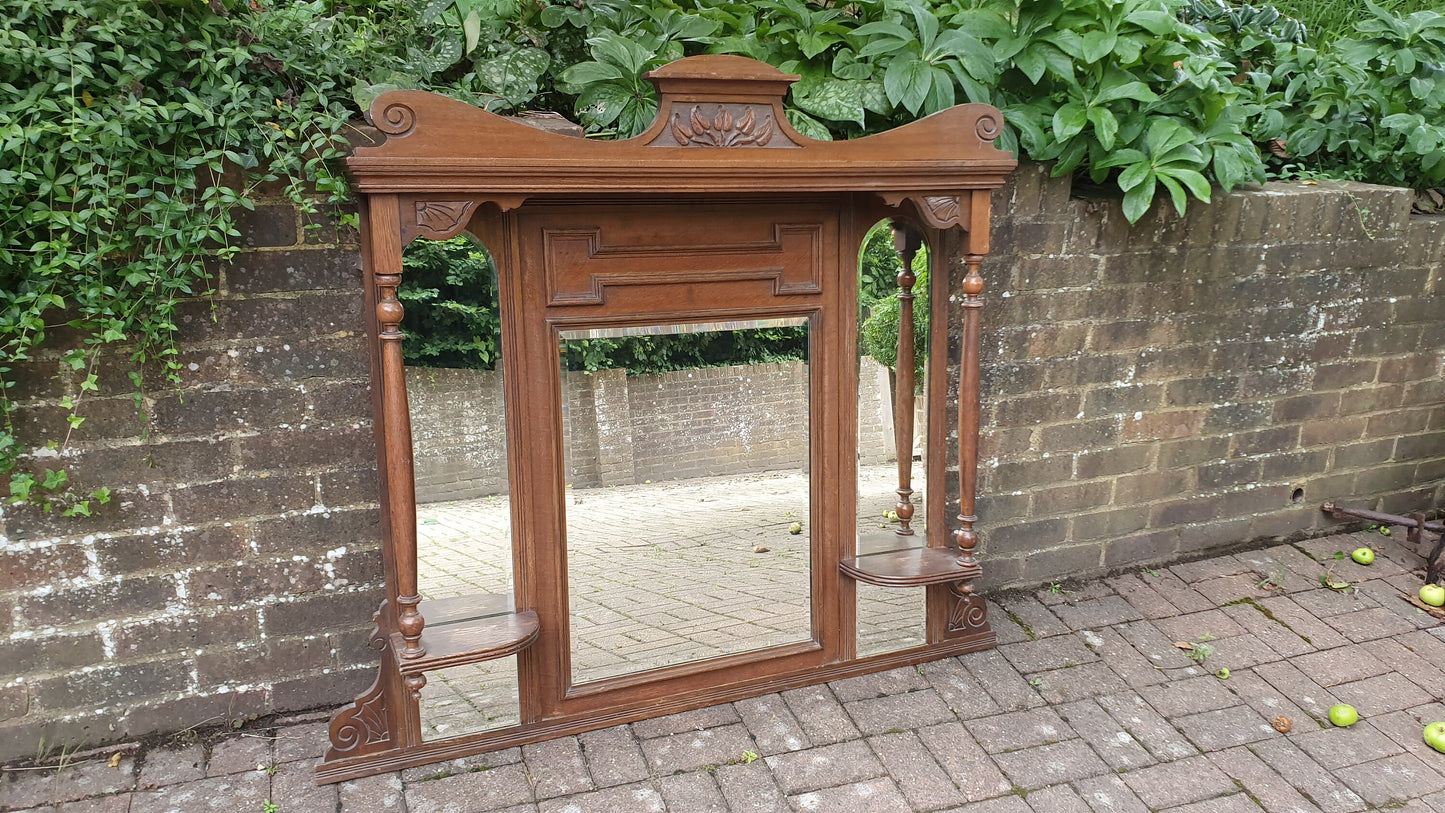 Massive Vintage Oak Over Mantel Elegant Overmantle Mirror Fire Surround.