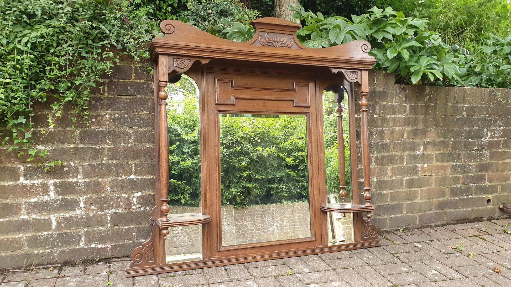 Massive Vintage Oak Over Mantel Elegant Overmantle Mirror Fire Surround.