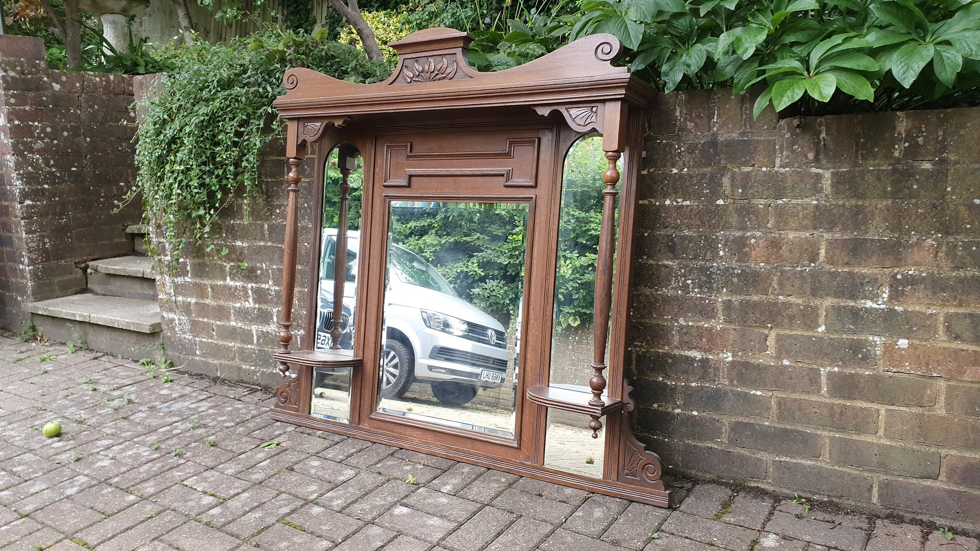 Massive Vintage Oak Over Mantel Elegant Overmantle Mirror Fire Surround.