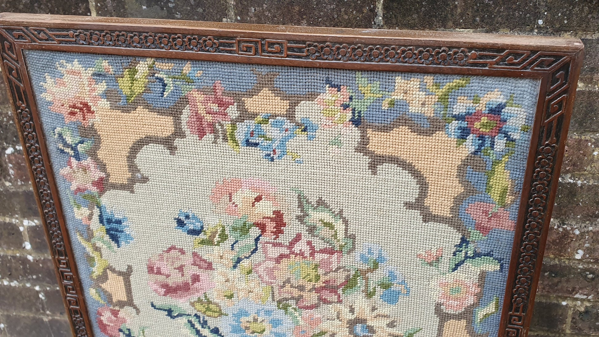 Large Vintage Mahogany and Still Life Tapestry Fire Screen