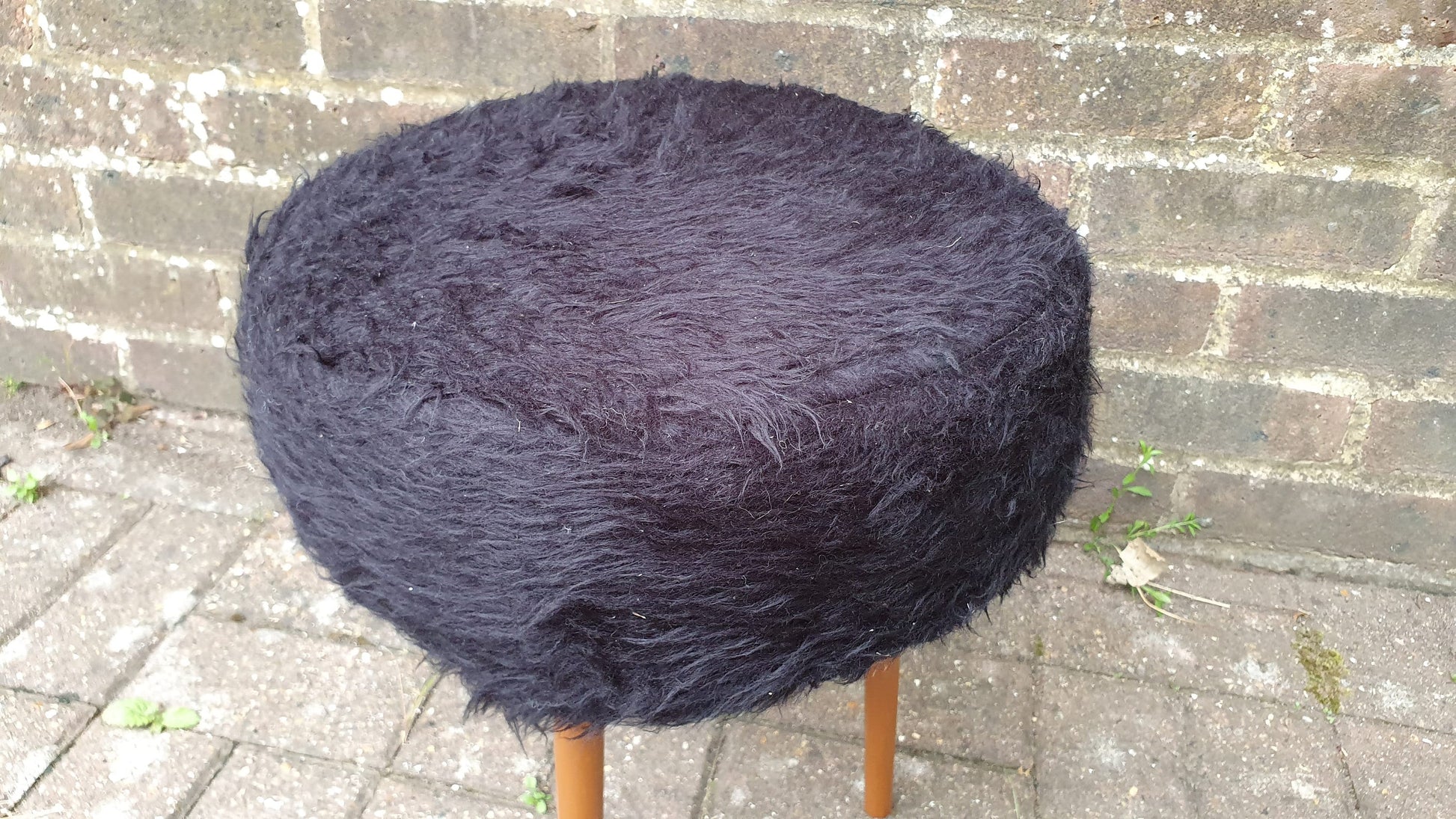 Quirky Fuzzy Furry Vintage Retro Stool Atomic Legs Black Furry Upholstery.