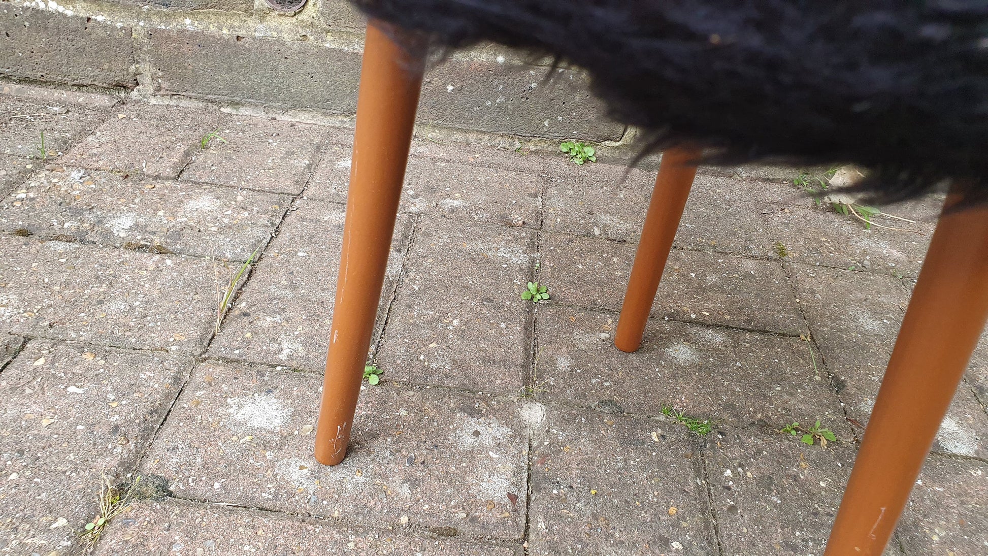Quirky Fuzzy Furry Vintage Retro Stool Atomic Legs Black Furry Upholstery.
