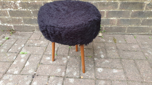 Quirky Fuzzy Furry Vintage Retro Stool Atomic Legs Black Furry Upholstery.